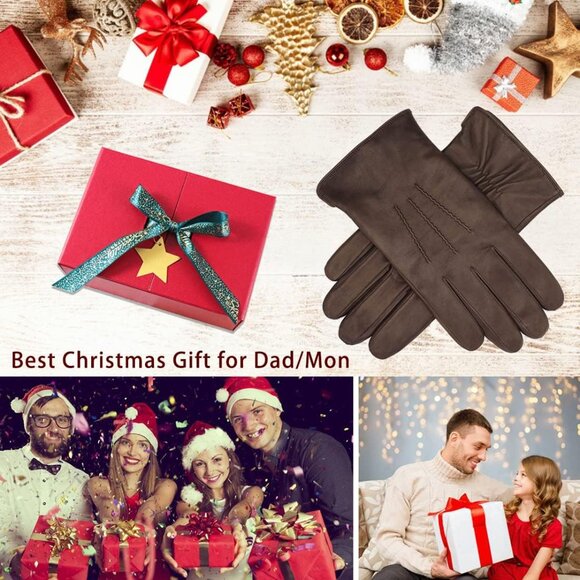 Men's Brown Luxury Italian Cashmere Sheepskin Wool Lined Genuine Leather Gloves - Picture 6 of 7